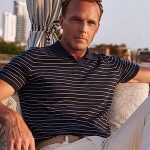 NEW Collars & Co Navy Blue White Stripe East Hampton Waffle Knit Polo Small